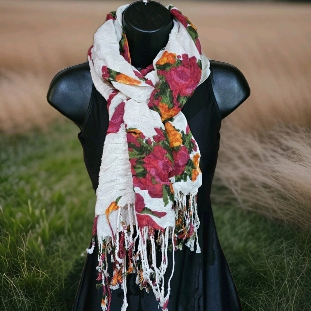 Mark. by Avon Scarf Cotton Floral Pattern Fringe Runched Gauze EUC